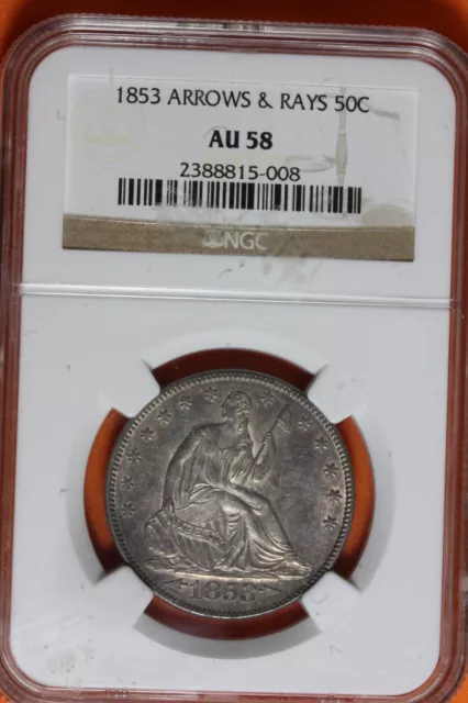 1853- Ngc Arrows & Rays Au 58 Seated Liberty Half Dollar #B40604