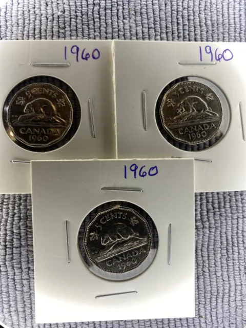 Canada 1960  5 ¢  LOT - 3x 1960 Nickel Five Cent Exact coins