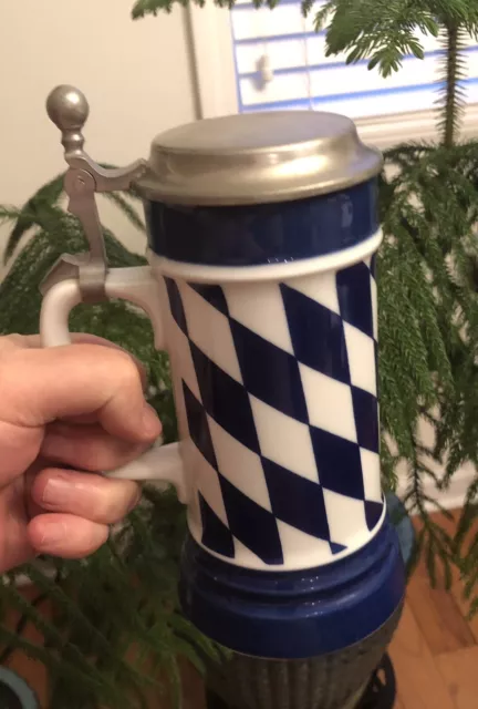 Bareuther Bavaria German Beer Stein Pewter Lid Blue White Mug