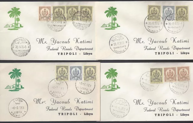 LIBIA 1959 NÚMEROS DEL REINO EN 4 FDC con Tripolitania 4 cancelaciones diferentes trípoli 2