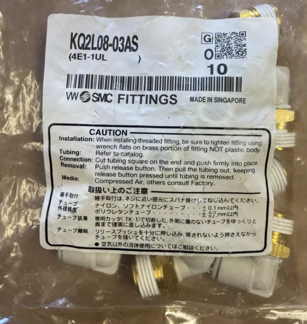 10 New Smc Male Elbow Push To Connect Fitting P/N Kq2L08-03As