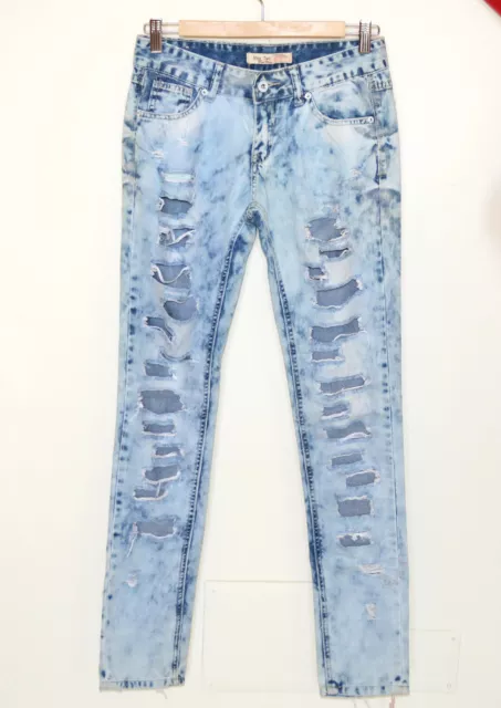 Jeans pantalone donna ragazza blu strappato vita bassa skinny cotone S 40 UNX84