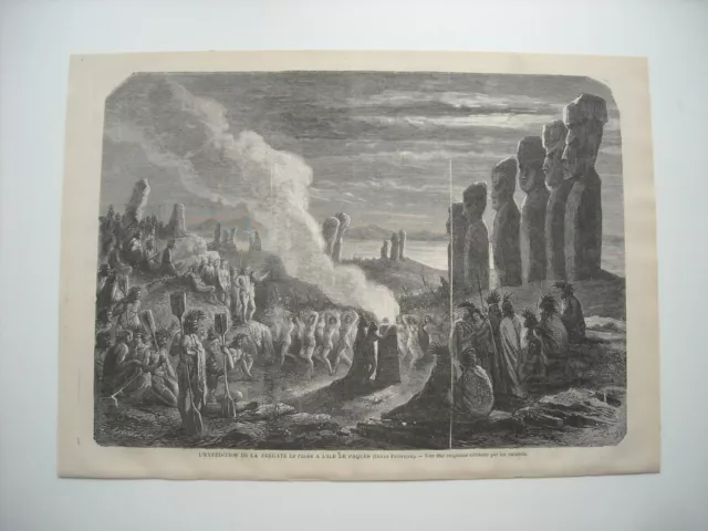 1872 Engraving. Expedition De La Frigate La Flora To Paques Island. Religious Party