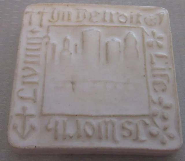 Pewabic Art Pottery Tile LIFE IS WORTH LIVING IN DETROIT motto city skyline 4"