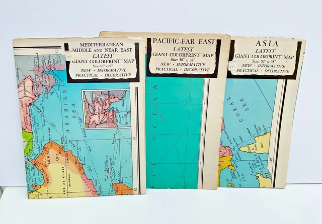 Vntg Large classroom maps-American Map Co-Colorprint-lot of 3-Asia-Pacific-50's