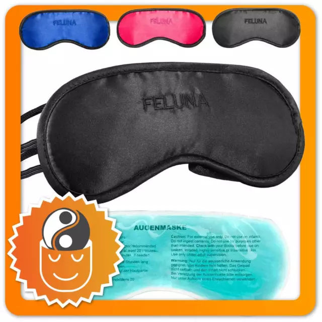 Feluna Premium Schlafmaske & Kühlkissen; Augenmaske Schlafbrille aus Satin-Seide