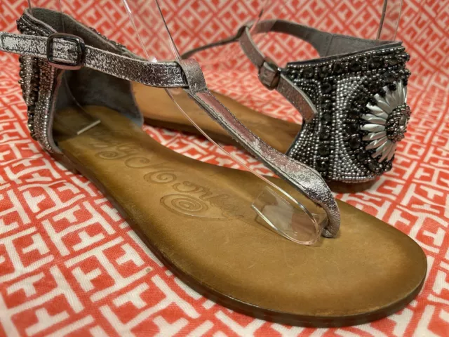 NAUGHTY MONKEY Leather SILVER Shimmer Ankle T-Strap Rhinestone Flat Sandals 7.5M