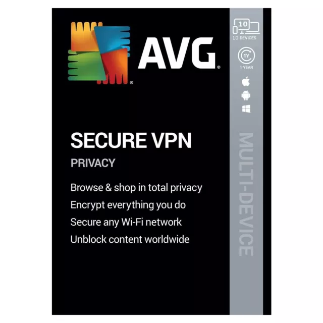 AVG Secure VPN 2024 Unlimited VPN 10 PC Devices 1 Year (CARD BY POST)