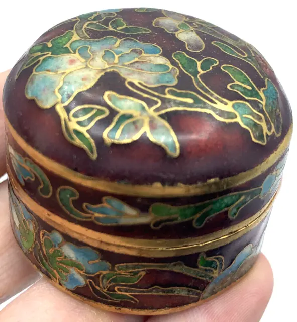 Cloisonne Trinket Box Round Pill Box Vintage Enamel Brass