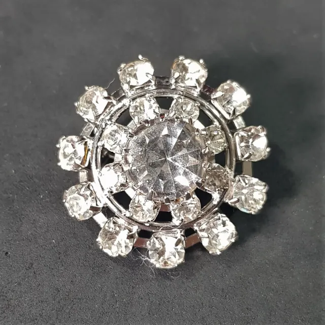 Vintage Pin Brooch Large Round White Clear Rhinestones Silver Color Metal Czech