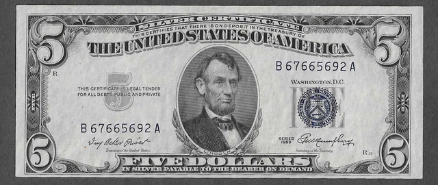 FR. 1655 AU Five Dollars ($5) Series of 1953 Blue Seal Silver Certificate
