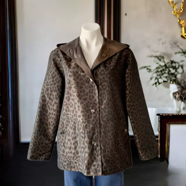 Portrait Leopard Print Reversible Jacket Hooded Brown Women's Medium Petite