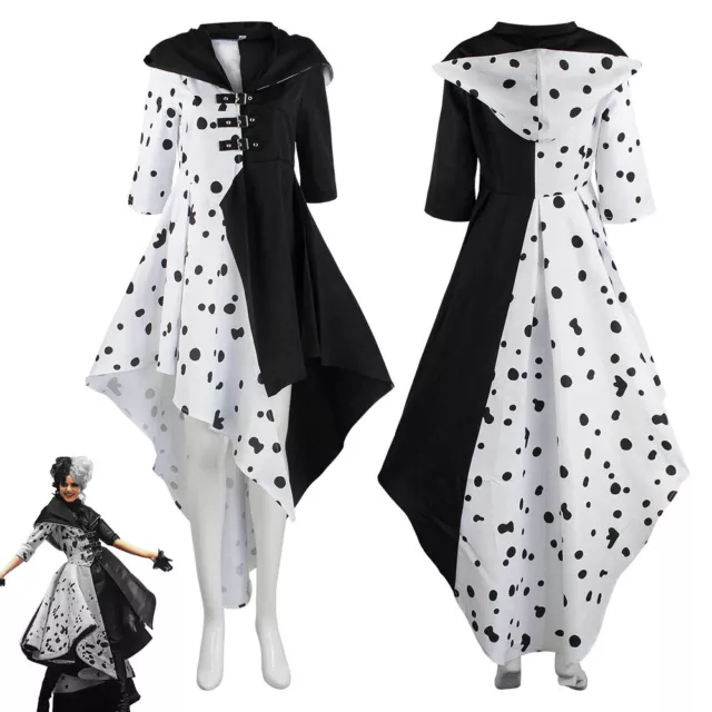 Cosplay Cruella de Vil Costume Halloween Suits Women Fancy Dress Black White