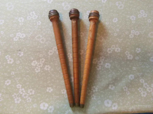 SET of 3 ANTIQUE WOODEN THREAD SPINDLES from OLD TEXTILE FACTORY 10 1/4" long