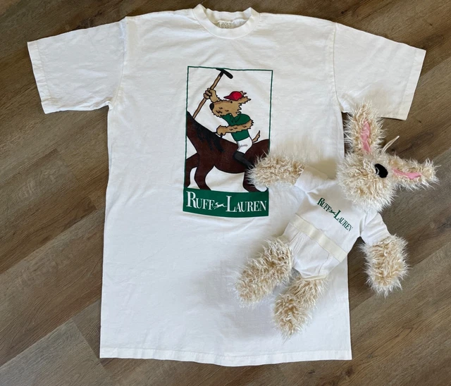 Vtg RUFF LAUREN White One Size USA T-Shirt Nightshirt & Plush Dog PJ Pajama Bag