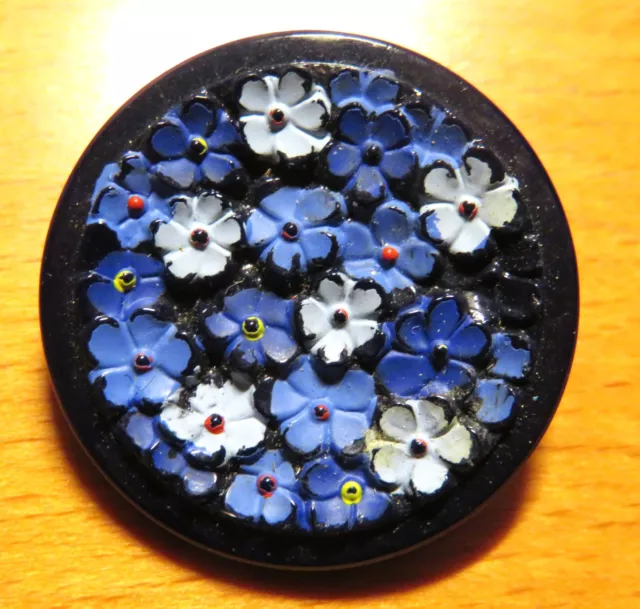 BOUTON ART DÉCO ancien MYOSOTIS  bleus PÂTE de VERRE BLEU MARINE