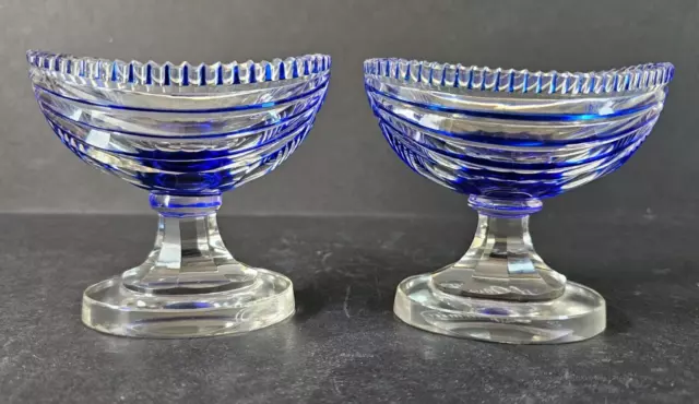 BOHEMIAN MOSER Glass Pair of Dark Blue Faceted Pedestal Salts.