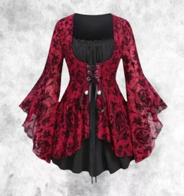 New Red Gothic Corset Baroque Cameo Flared Sleeve Blouse Top size 3XL 22 24 26