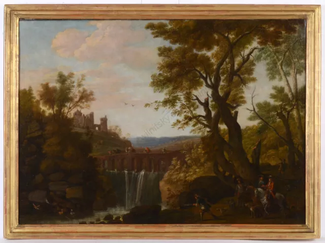 "Ideal landscape with waterfall and hunters", French School, oil on canvas