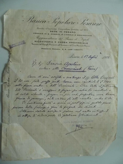 Lettera Commerciale "BANCA POPOLARE PESARESE" 1932
