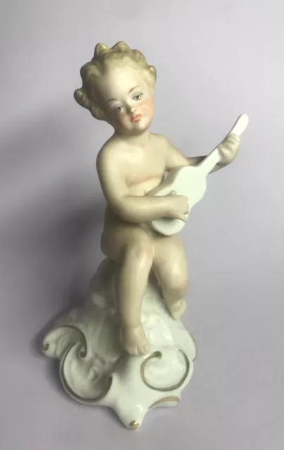 Crown N Mark German  Figurine Porcelain Putti w/Guitar Carl Thieme? Saxony?