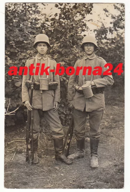 Foto Soldat Feldgrau Sturmtrupp Stahlhelm Gasmaske Blutjung Ausrüstung B206