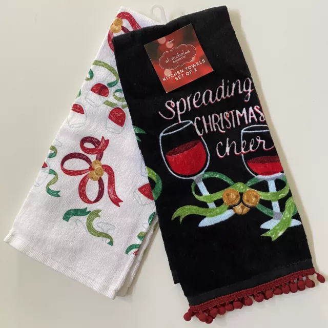 St Nicholas Square Kitchen Hand Towels NWT Set Of 2 Wine Glass Christmas Cotton