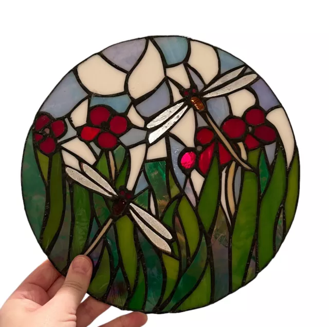 Tiffany Style Stained Art Glass Window Sun Catcher Round Flowers Dragonfly 9.5”