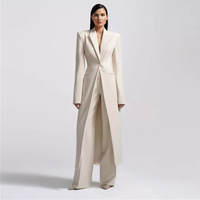 Long Women's Suit 2 Pieces Peak Lapel Evening Party Slim Outfit Wedding Blazer 2