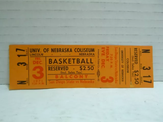 1971 Nebraska Cornhuskers v San Diego State Basketball Unused Full Ticket -RARE