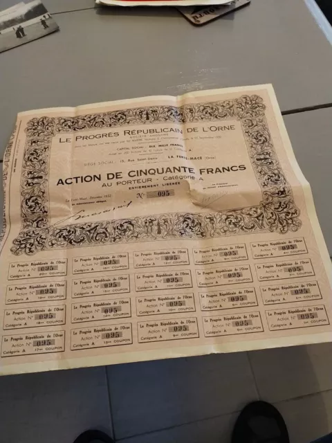 Action 50F  journal Le progrès républicain de l'Orne La Ferté Macé 1932