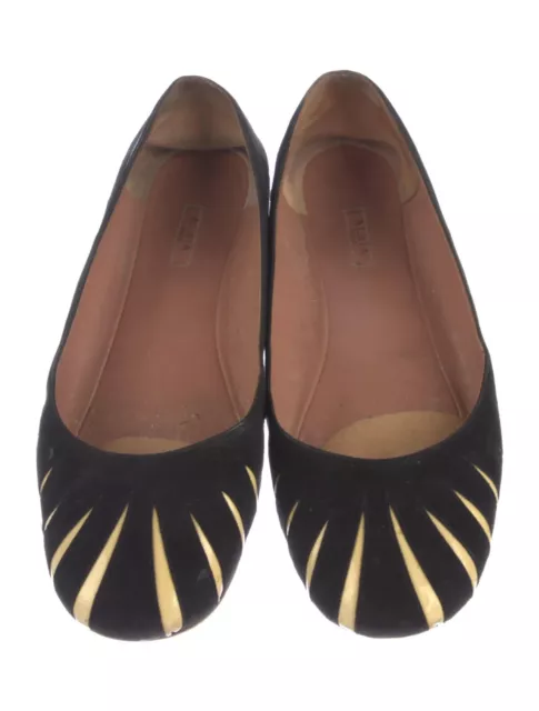 Retail $1200 Alaia Black Leather Flat Ballet Shoes Gold Sunburst  Sz 7.5