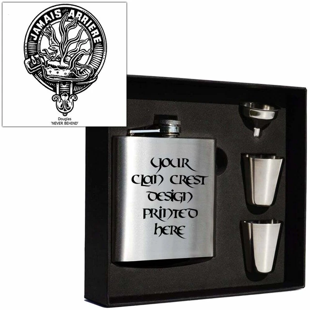 Art Pewter Douglas Clan Crest 6oz Hip Flask Box Set (s) HF6 S-C17 Scottish