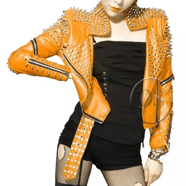 Handmade Women's Orange Color Fashion Silver Punk & Studded Real Leather Jacket
