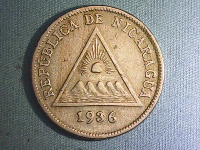 1936 Nicaragua 5 Centavos - Xf+/- Cond & Nice Luster - Free Us/Actual World Ship
