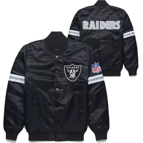 NFL Oakland Las Vegas Raiders Black Satin Varsity Jacket Embroidery logos