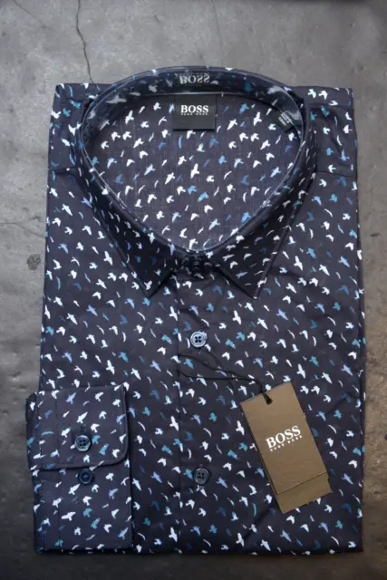 HUGO BOSS Uomo Ronni Slim Fit Navy Cotone Leggero Business Camicia Casual XL