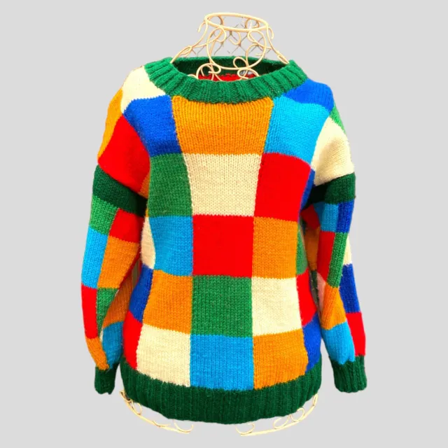 Handmade Knitted Jumper Kids Size 12 13 Multicoloured Sweater Retro Patchwork