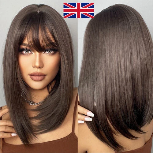 Womens Dark Brown Medium Long Straight Wig with Bangs Layered Hair Wigs UK