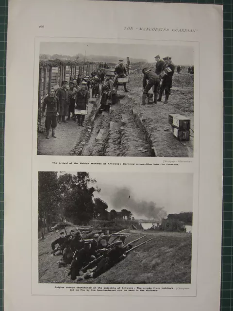 1915 Wwi Ww1 Print ~ Arrival Of British Marines At Antwerp ~ Belgian Troops