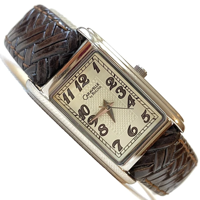 Bulova Caravelle Womens Art Deco Tank Watch Silver Tone Brown Leather 43L114