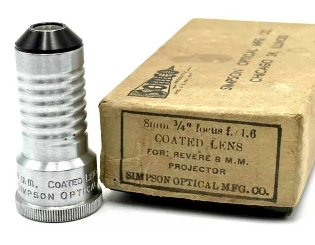 Simpson Optical 8 mm 3/4" Focus Projector Lens F. 1.6 Coated Lens Original Box