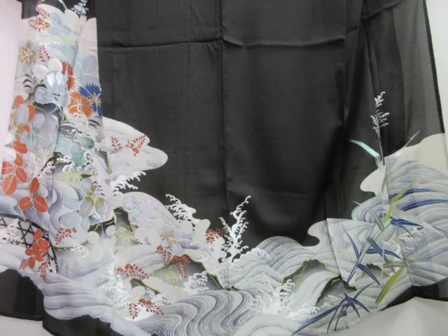7890M1 Silk Vintage Japanese Kimono Tomesode See-Through Wave
