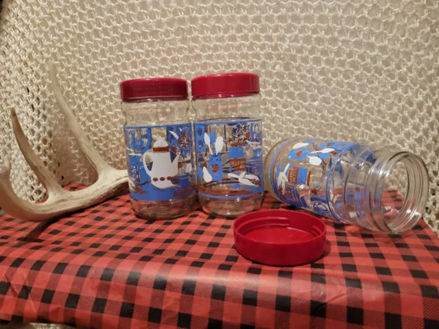 Vtg. Anchor Hocking / Maxwell House Coffee 3 Glass Canisters Jars Red White Blue