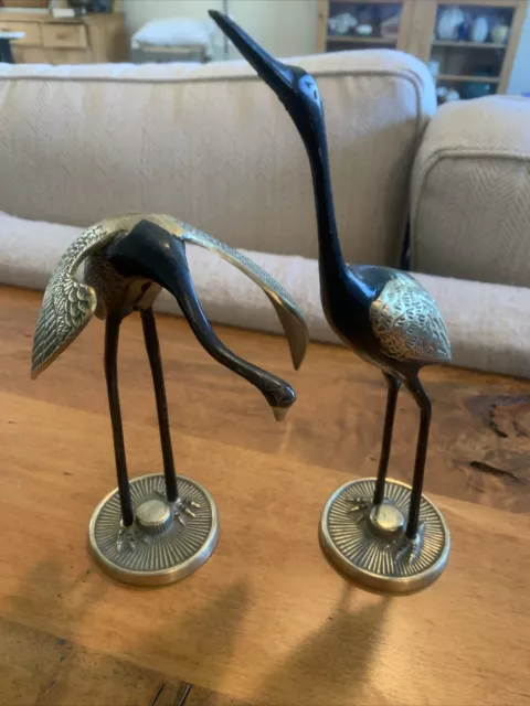 Mid Century Modern Solid Brass Heron Crane Egret Figurines Decor Birds Vtg  2