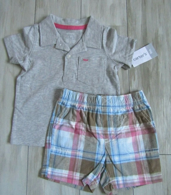 Carter's Baby Boy 2-Piece Gray Polo Shirt & Plaid Short Set Size 9 Months NWT