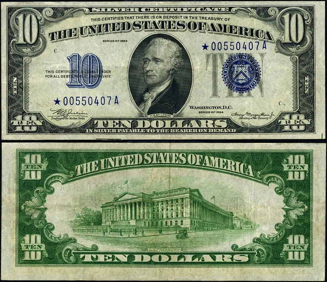 FR. 1701* $10 1934 Silver Certificate Non-Mule *-A Block VF+ Star