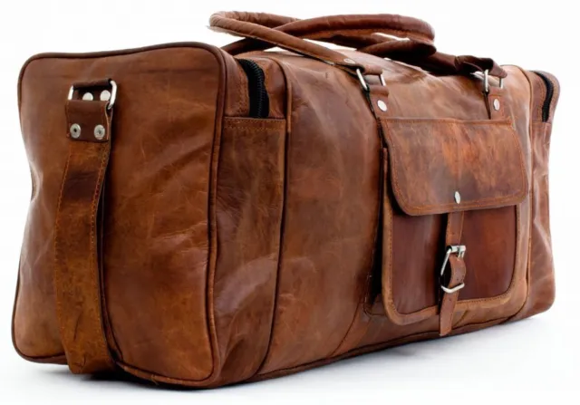 Men Brown Vintage Genuine Travel Luggage Duffel Gym Bags Tote Goat Leather