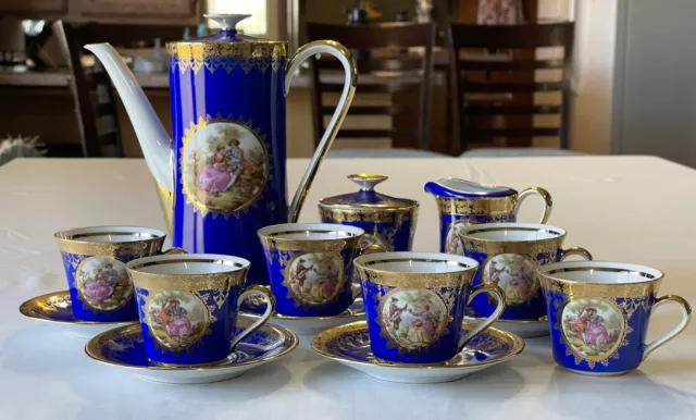 Vintage Mitterteich Bavaria Germany Blue & Gold Porcelain Tea Set Demitasse Set