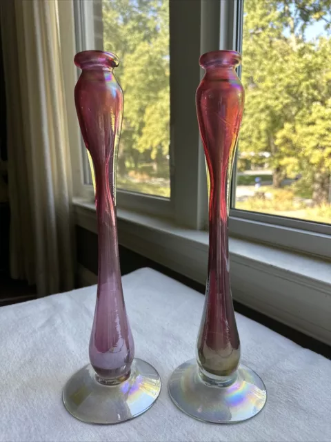 Vintage Studio Art Glass Hand Blown Pink Iridescent Stretched Candlestick/Vases